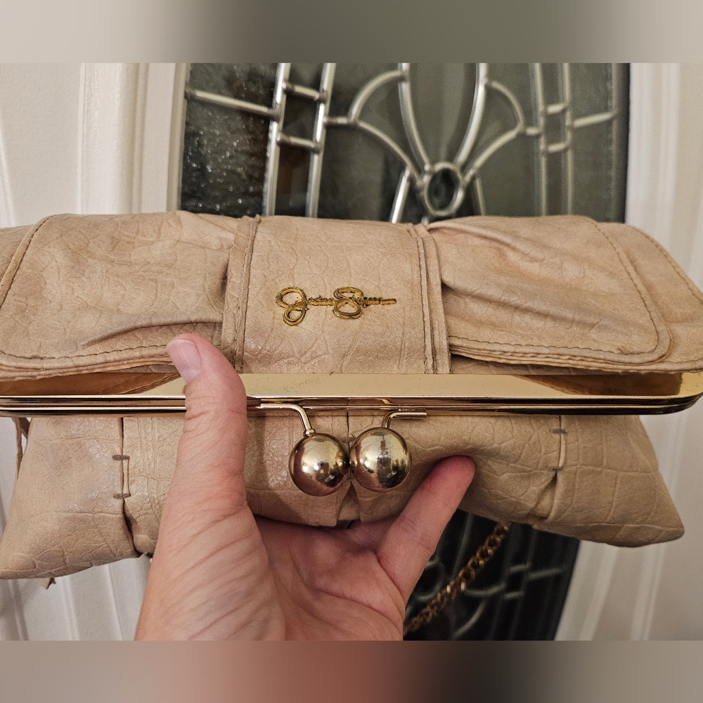 Y2KInspired Jessica Simpson PU Faux Croc Foldover Kiss-Lock Frame Clutch Beige
